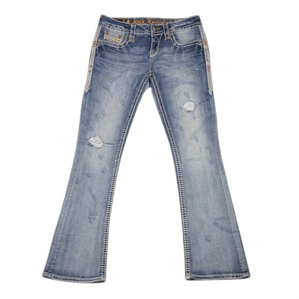 Rock‎ Revival Cameo Bootcut Jeans Womens 27 Medium Wash Distressed Thick Stitch